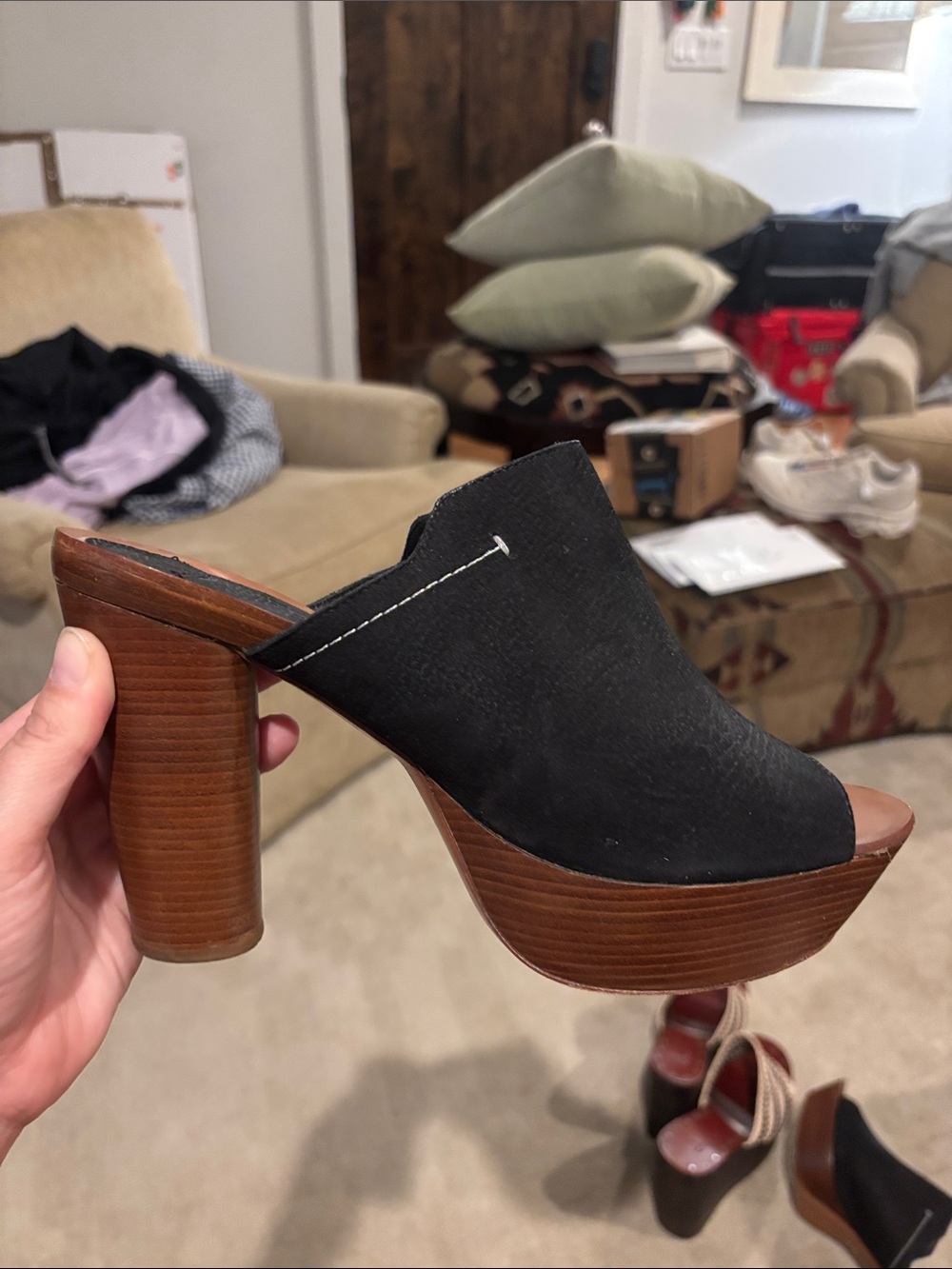 10 Crosby Derek Lam Black Suede Platform Mule Heels with Brown Wood Block Heel